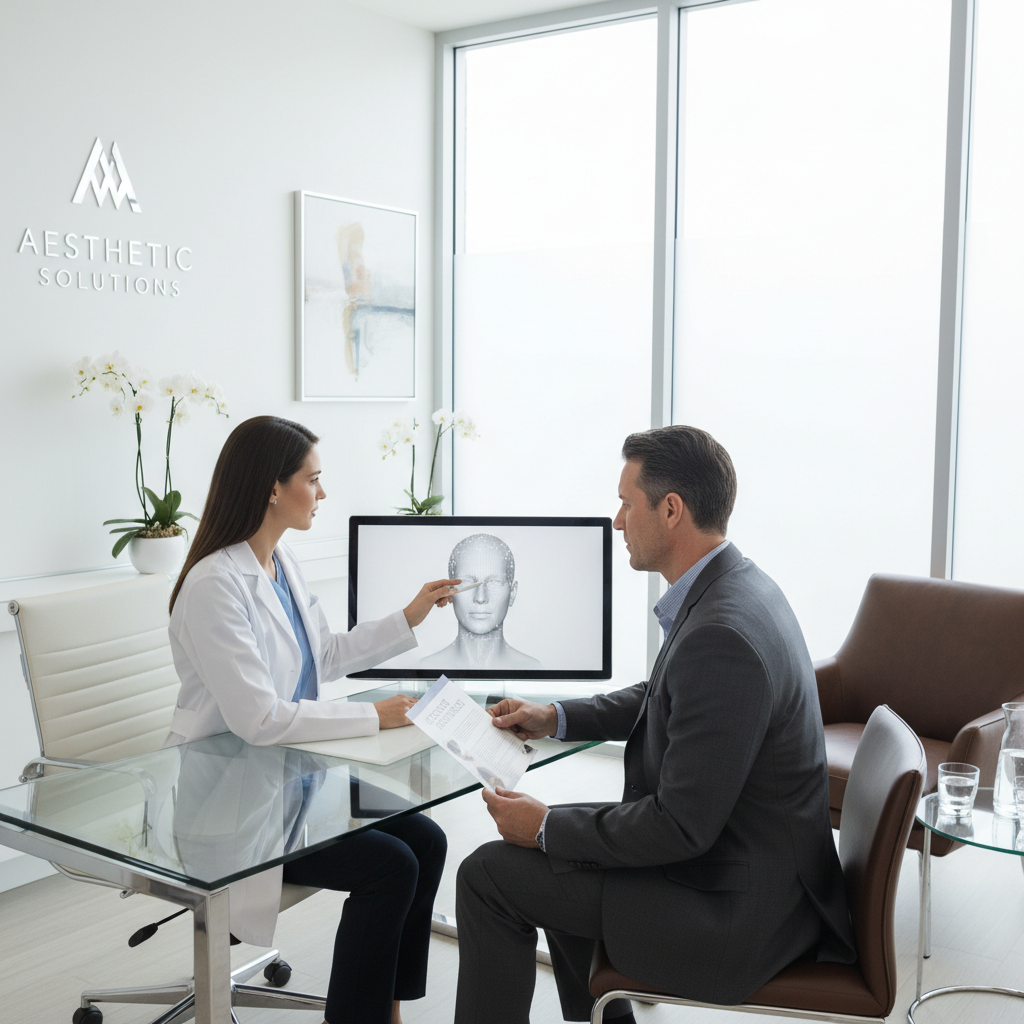 A female doctor in a white lab coat points to a computer screen showing a 3D wireframe of a face while consulting with a male patient in a suit.