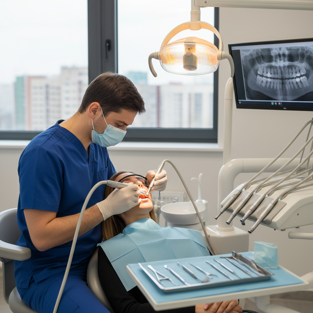 A dentist in a blue uniform and face mask uses dental instruments to examine a patient lying in a dental chair.