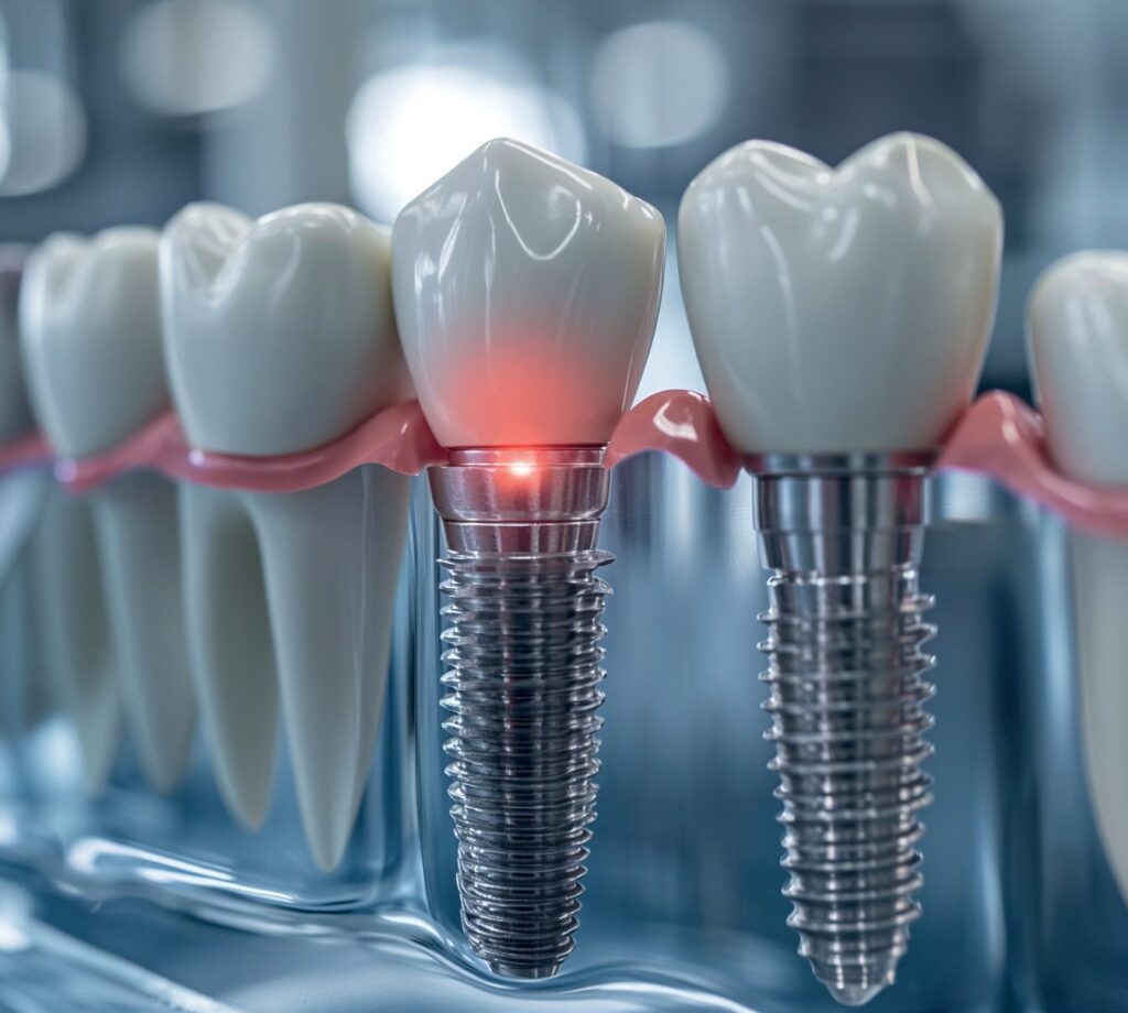 Illustration of dental implants supporting crowns