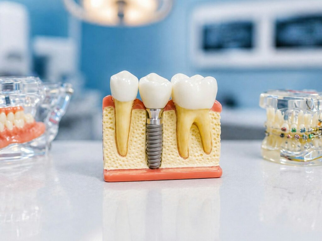 Model of a dental implant supporting a crown