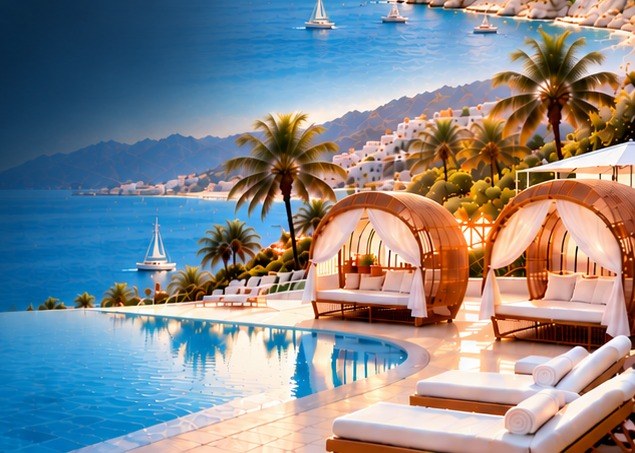 Infinity pool and beach cabanas overlooking the sea